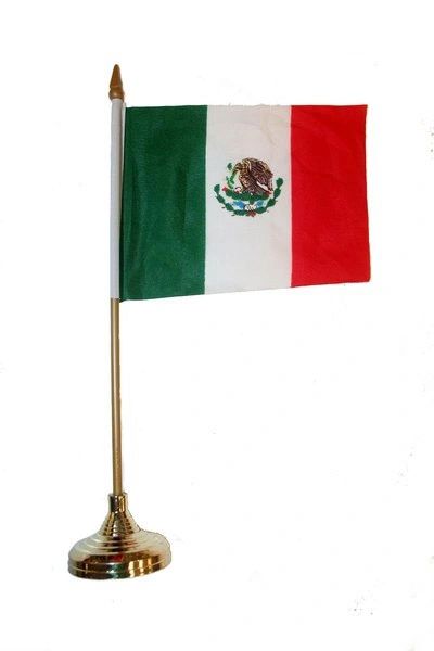 MEXICO 4" X 6" INCHES MINI COUNTRY STICK FLAG BANNER WITH GOLD STAND ON A 10 INCHES PLASTIC POLE .. NEW AND IN A PACKAGE.