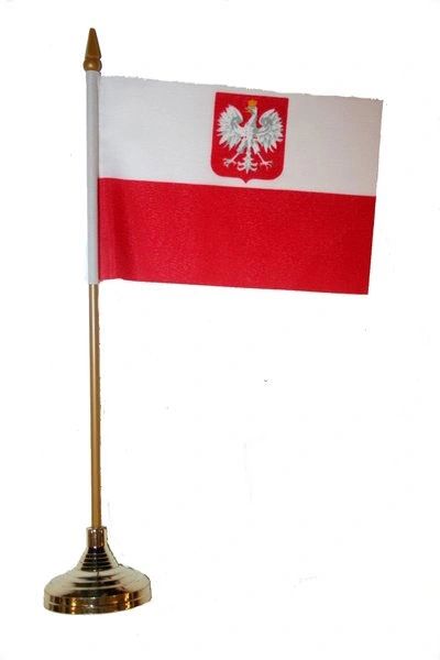POLAND WITH EAGLE 4" X 6" INCHES MINI COUNTRY STICK FLAG BANNER WITH GOLD STAND ON A 10 INCHES PLASTIC POLE .. NEW AND IN A PACKAGE.