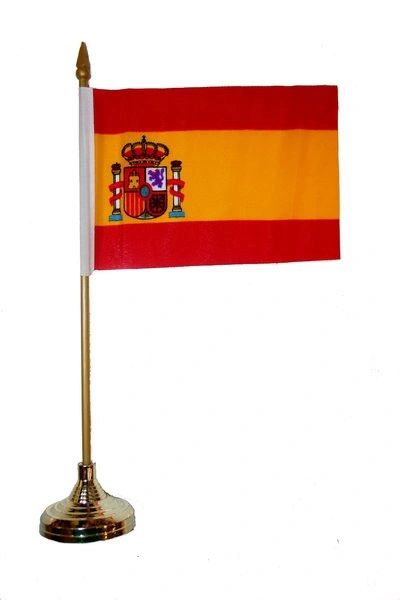 SPAIN 4" X 6" INCHES MINI COUNTRY STICK FLAG BANNER WITH GOLD STAND ON A 10 INCHES PLASTIC POLE .. NEW AND IN A PACKAGE.