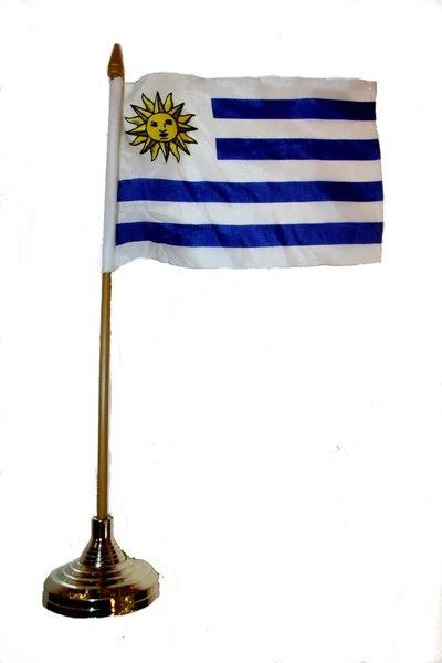 URUGUAY 4" X 6" INCHES MINI COUNTRY STICK FLAG BANNER WITH GOLD STAND ON A 10 INCHES PLASTIC POLE .. NEW AND IN A PACKAGE.