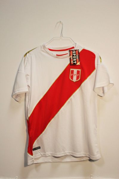 PERU White With Red Stripe FPF Logo FIFA World Cup JERSEY Set : T-SHIRT & PANTS