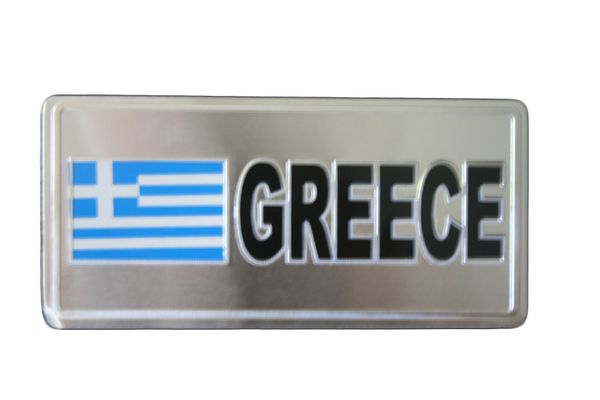 GREECE COUNTRY FLAG SILVER SMALL METALLIC LICENSE PLATE DECAL STICKER EMBLEM .. 3" X 6.5" INCHES .. HIGH QUALITY ..NEW AND IN A PACKAGE