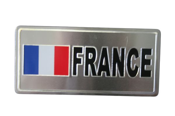 FRANCE COUNTRY FLAG SILVER SMALL METALLIC LICENSE PLATE DECAL STICKER EMBLEM .. 3" X 6.5" INCHES .. HIGH QUALITY ..NEW AND IN A PACKAGE