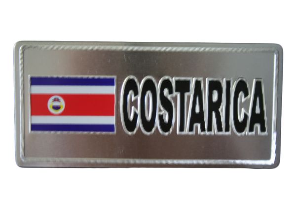 COSTA RICA COUNTRY FLAG SILVER SMALL METALLIC LICENSE PLATE DECAL STICKER EMBLEM .. 3" X 6.5" INCHES .. HIGH QUALITY ..NEW AND IN A PACKAGE