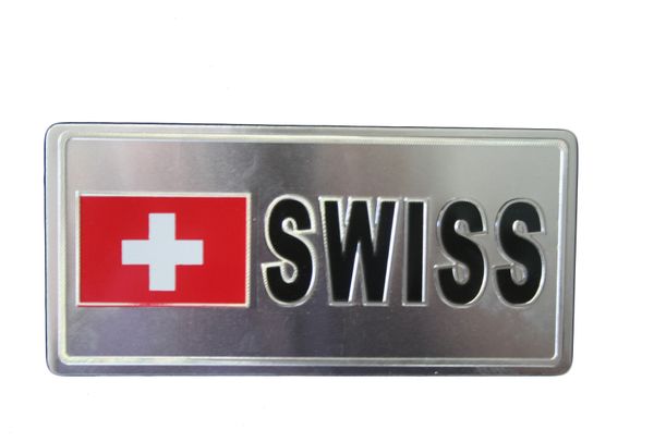 SWITZERLAND COUNTRY FLAG SILVER SMALL METALLIC LICENSE PLATE DECAL STICKER EMBLEM .. 3" X 6.5" INCHES .. HIGH QUALITY ..NEW AND IN A PACKAGE