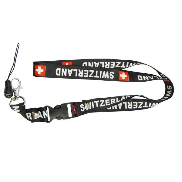 SWITZERLAND BLACK BACKGROUND COUNTRY FLAG LANYARD KEYCHAIN PASSHOLDER NECKSTRAP .. CLASP AT THE END .. 24" INCHES LONG .. HIGH QUALITY .. NEW AND IN A PACKAGE