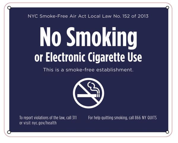 NO SMOKING OR ELECTRONIC CIGARETTE USE SIGN NYC SMOKE FREE SIGN