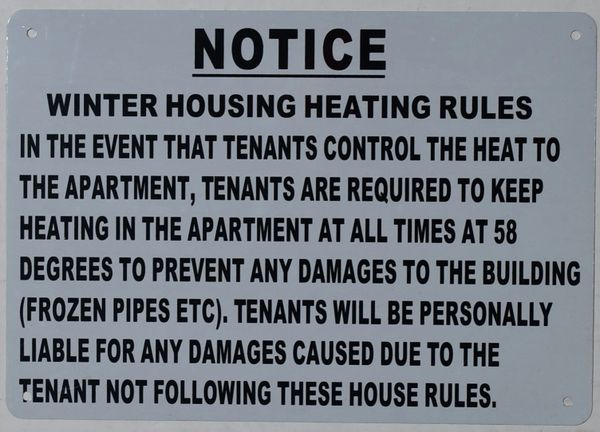 HPD SIGN NOTICE WINTER HOUSING HEATING RULES SIGN ALUMINUM SIGN DOB 