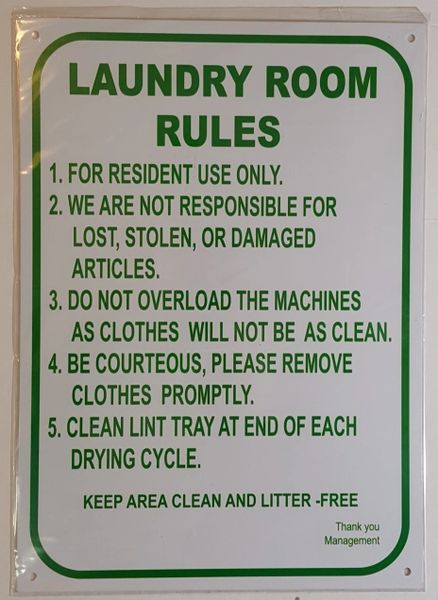 LAUNDRY ROOM RULES SIGN–WHITE ALUMINUM (14X10)  DOB SIGNS NYC YOUR