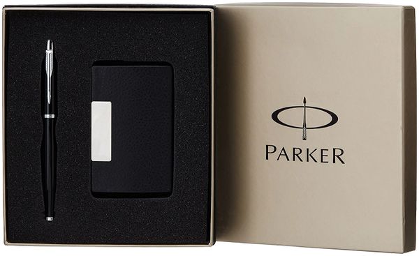 Parker Gift Set Frontier Matte Black Gold Trim Roller Ball Pen With Card Holder | 1 Pen + 1 Card Holder| Ink Color - Blue | Perfect For Employees | Unique Gifts For Entrepreneurs