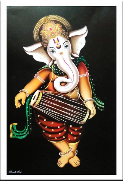 nandinistores Shri Ganesh Ji Photo With Dool (White & Golden Brown)