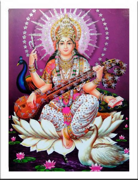 nandinistores Lord Mata Sarasvati Photo with White & Brown Frame