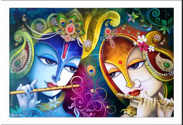 nandinistores Radha Krishna Imajiane Photo With White & Golden Brown Frame