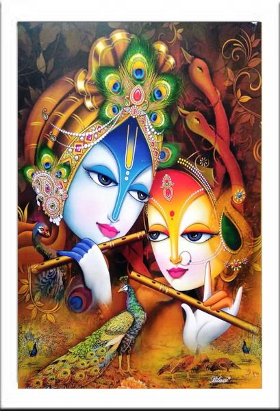 nandinistores Radha Krishna Imajine Photo With White & Golden Brown Frame