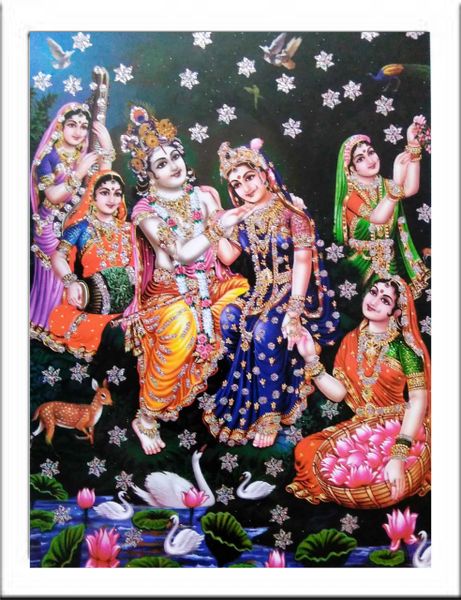 nandinistores Radha Krishna Photo with Gopiya White & Golden Brown Frame