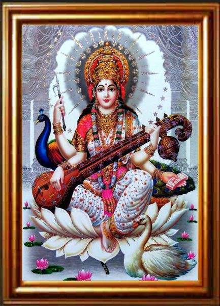 nandinistores Lord Mata Sarasvati Photo with Peacock (White & Brown Frame)