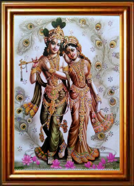 nandinistores Shri Radha Krishna Photo & Morphahkh With White & Golden Brown Frame