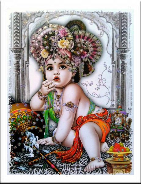 nandinistores Shri Bal Krishna Photo with White & Golden Brown Frame