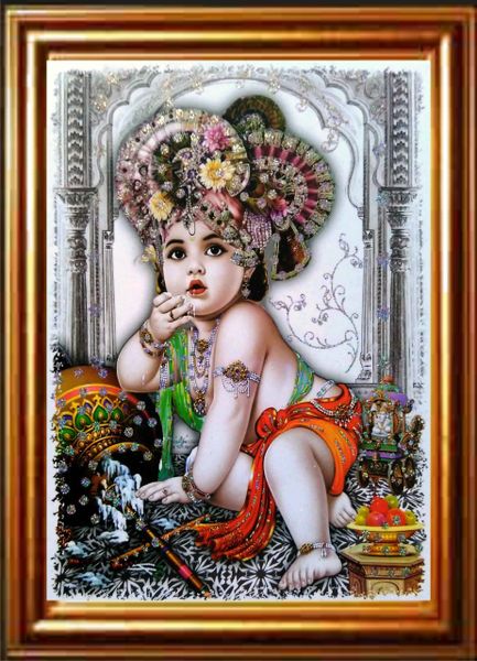 nandinistores Shri Bal Krishna new Photo with White & Golden Brown Frame