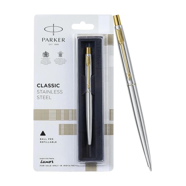 Parker Classic Stainless Steel Gold Trim Ball Pen| Ink Color - Blue | Corporate Gift | Ideal For Professional Use