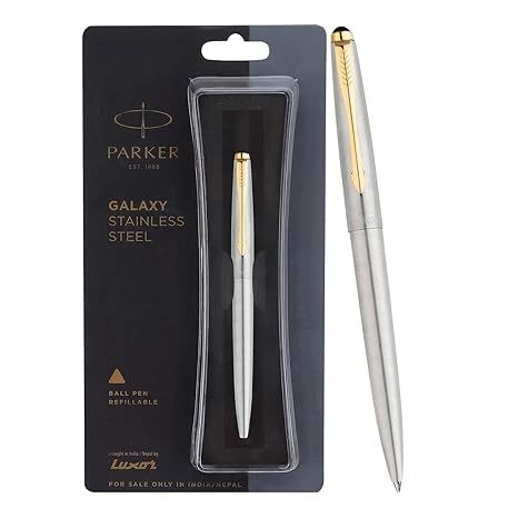 Parker Galaxy Stainless Steel Gold Trim Ball Pen| Ink Color - Blue | Perfect For Professional Use | Elite Pen For Corporate Purposes