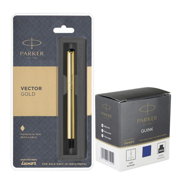 Parker Vector Gold GT Fountain Pen + Quink Ink Bottle - Blue (30ML)