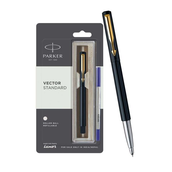 Parker Vector Standard Gold Trim Roller Ball Pen| Black Body Color | Ink Color - Blue | Novel Gifts For Professionals | Premium Pens For Personal & Professional Use