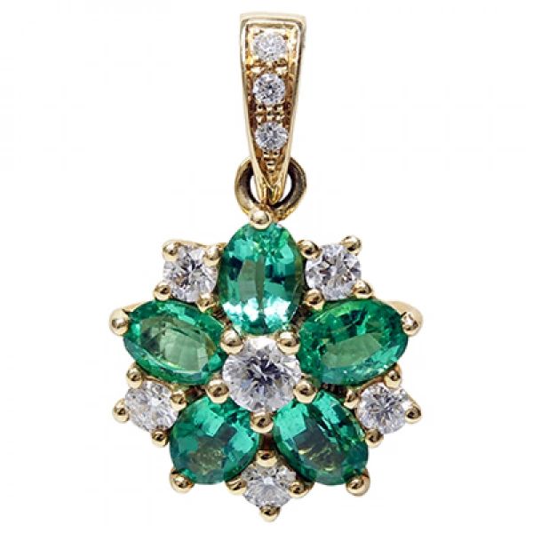 18 Karat Yellow Gold Oval Emerald and Round Diamond Cluster Pendant ...