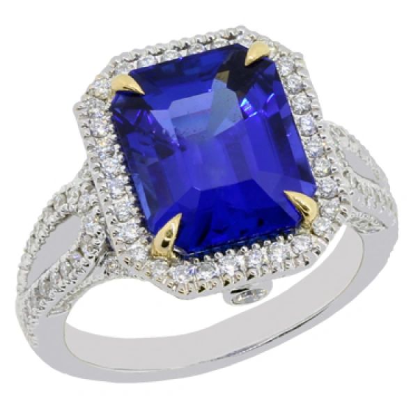 18 Karat White Gold Emerald-Cut Tanzanite and Diamond Split Shank Ring ...