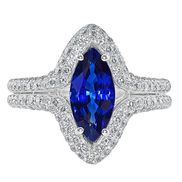 18 Karat White Gold Marquise-Cut Sapphire and Round Diamond Split-Shank ...