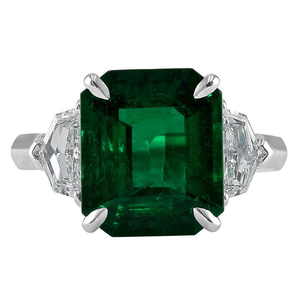 Platinum Emerald-Cut Emerald and Pentagon-Cut Diamond Three Stone Ring ...