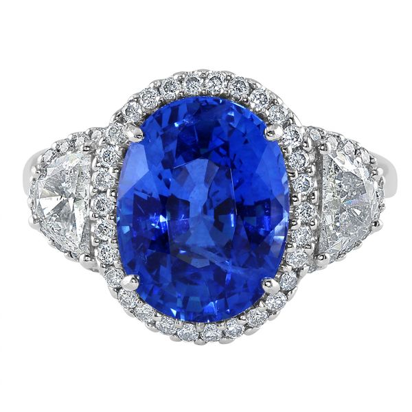 Platinum Oval Ceylon Sapphire Half Moon-Cut and Round Diamond Halo Ring ...