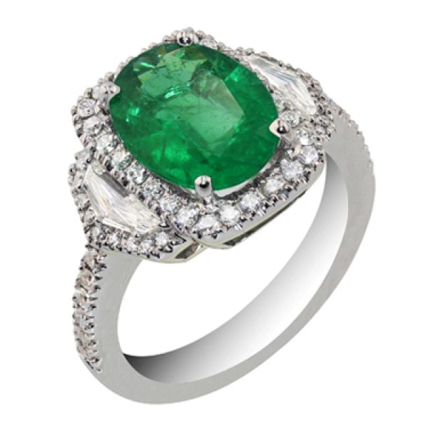 18 Karat White Gold Oval Emerald Pentagon-Cut and Round Diamond Halo ...