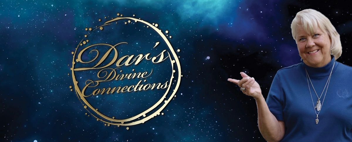 Woman smiling and pointing at a glowing logo that says 'Dar's Divine Connections'.