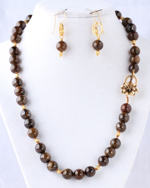 Natural bronzite with brass clasp and gold-filled ear wires