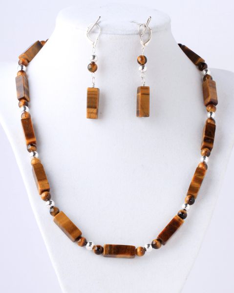 Natural tubular tiger eye with sterling silver beads, clasp and ear wires