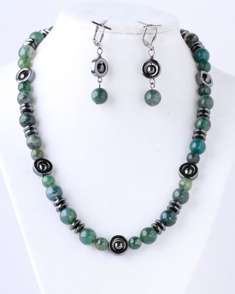 Natural moss agate with hematite beads and spacers.