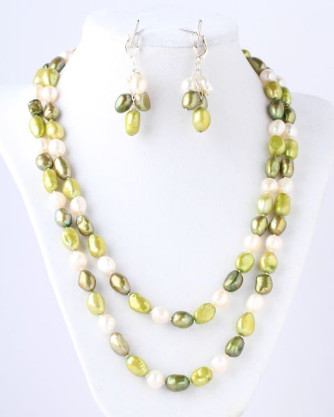 Double-stranded dyed medium and light green freshwater pearls