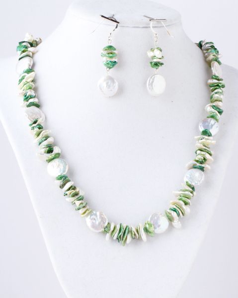 White and green-dyed freshwater and coin pearl set.