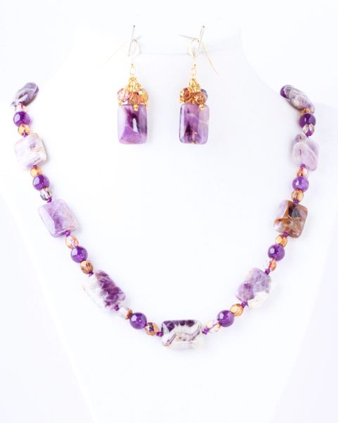 Natural amethyst and purple agate with gold crystal beads