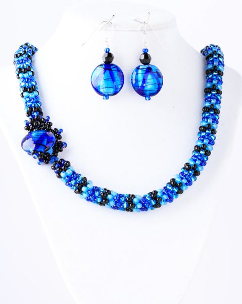 One-of-kind handwoven seed bead blue and black necklace