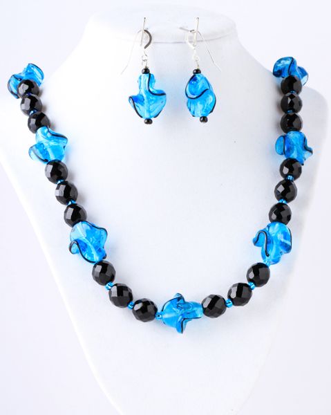 Funky blue glass beads with natural black onyx