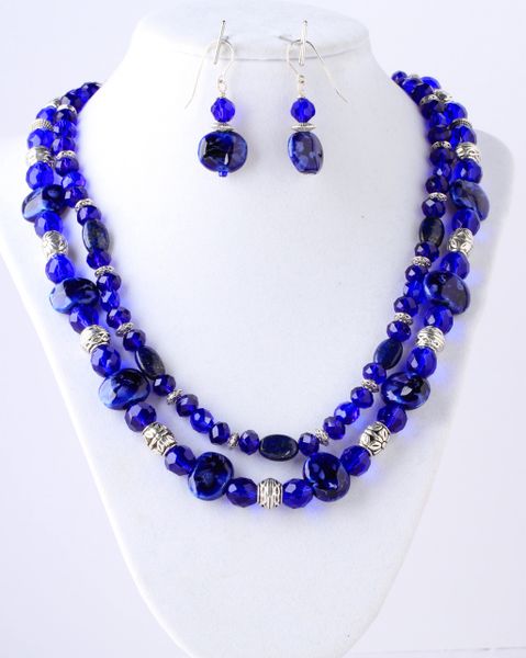 Double-stranded cobalt Czech glass and crystal beads with natural blue lapis and enameled accents glass beads with pewter spacers