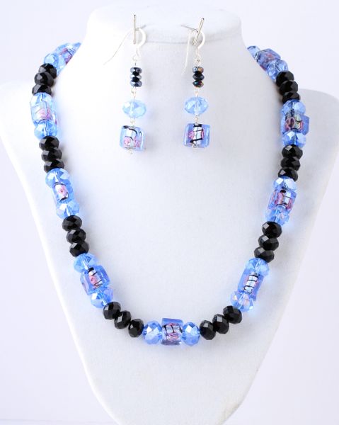 Roses and blue/pink lamp-work square beads with matching black and blue crystals