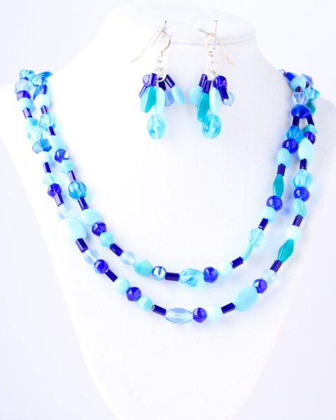 Mixed blue glass necklace with matching earrings