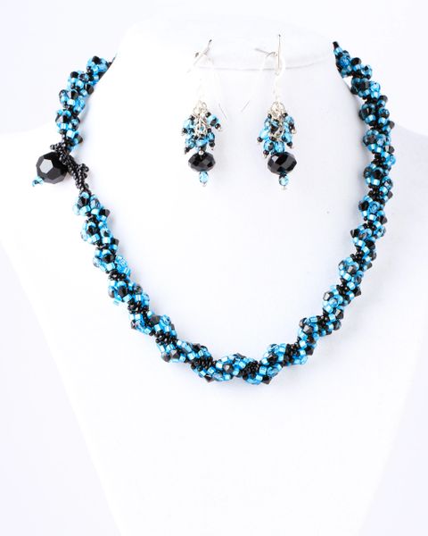 Turquoise seed bead and Swarovski bicone black crystal spiral rope necklace