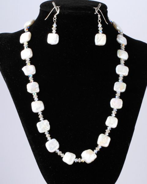 Freshwater pearl, Swarovski bicone crystal AB, and pewter necklace with matching earrings