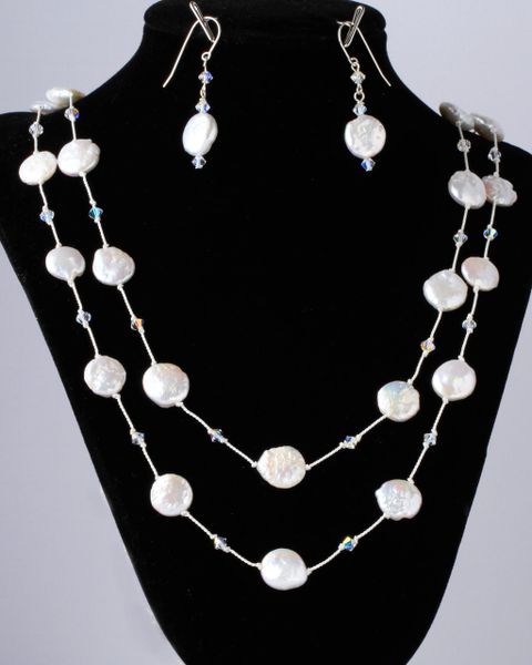 Pearl knotted freshwater coin pearls and Swarovski bicone crystal AB