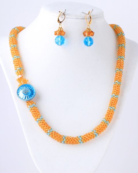 Tubular peyote with topaz and turquoise seed beads.