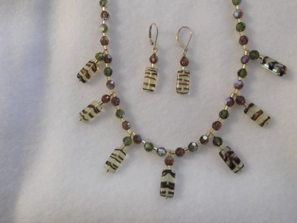 Olive green and dark topaz glass beads with Swarovski olivine and dark topaz crystals